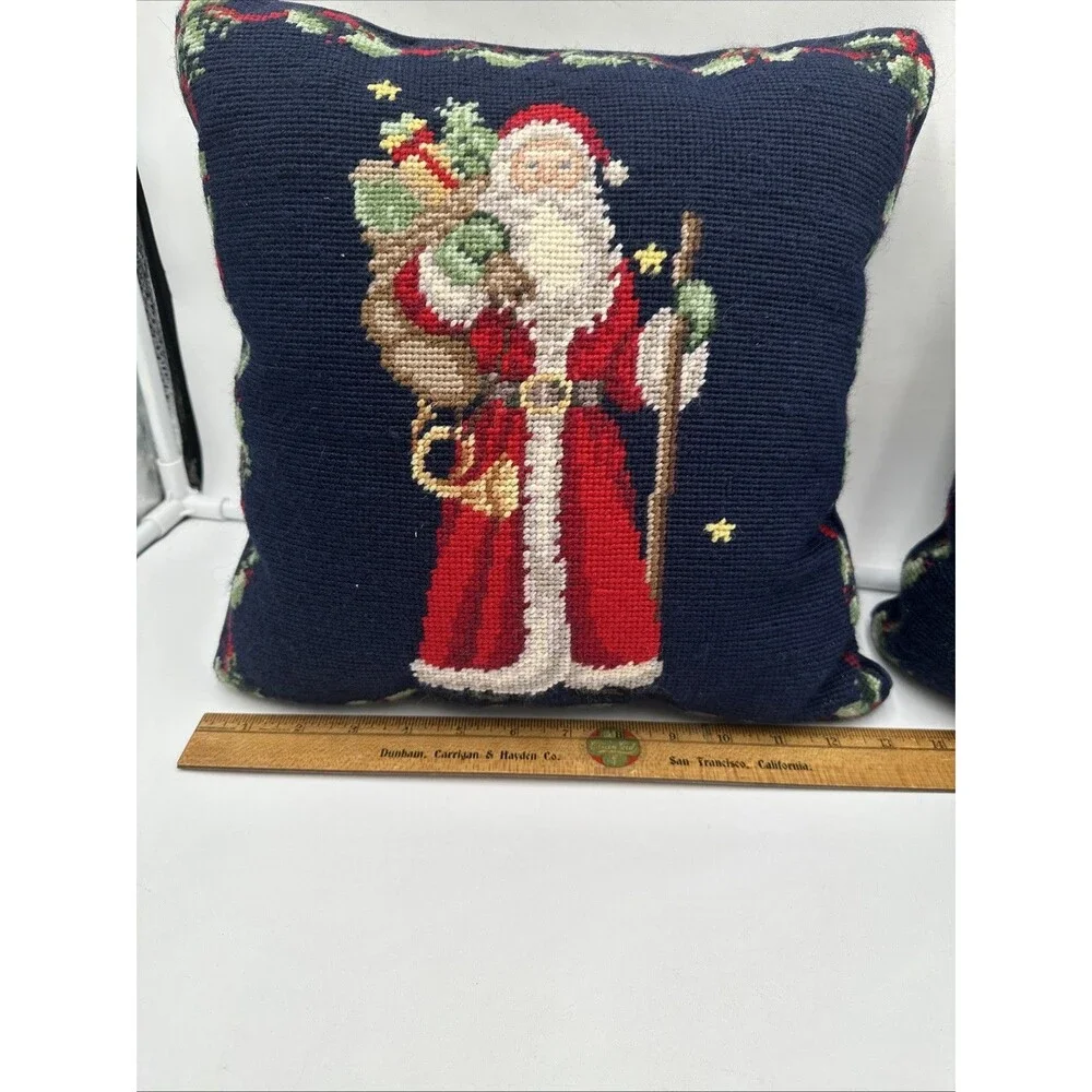 Lot If 2 Needlepoint Father Christmas~Santa Claus Throw Pillow Vintage